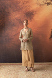 GOLD SILK TISSUE HEAVY EMB. LONG JACKET & GOLD TISSUE DRAPE SKIRT (2 PCS)
