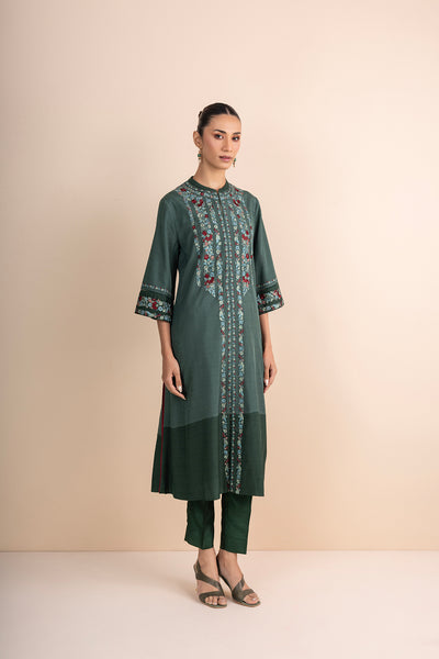 SHADES OF GREEN STRIPE PRINTED & EMBROIDERED KURTA SET (2 PCS)