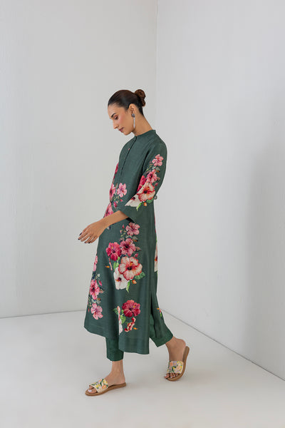 MINTED SAGE DUPION HIBISCUS PRINTED DRESS (1 PC)