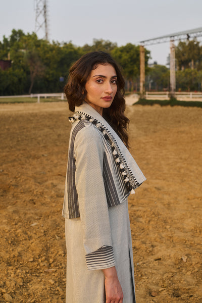 GREY HANDWOVEN COTTON LONG TRENCH COAT (1 PC)