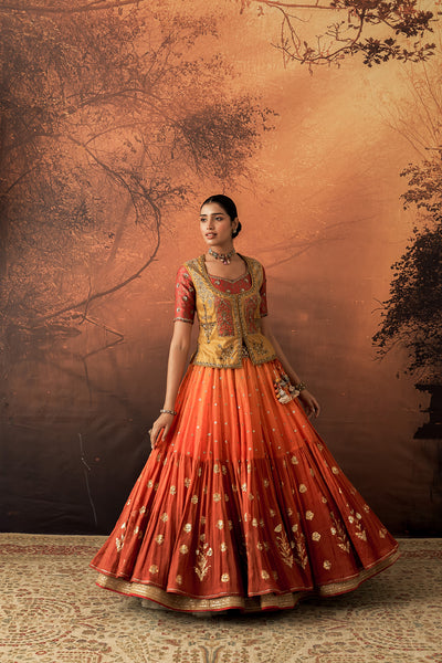 ORANGE & YELLOW TISSUE BROCADE EMB. LEHENGA SET (MH-01C) ( 5 PCS)