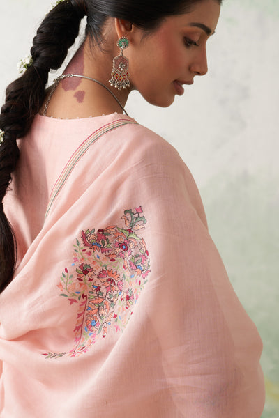 SOFT PINK CHANDERI KASHMIRI EMB. SHORT KURTA SET (3 PCS)