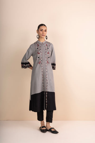 BEIGE & BLACK PRINTED & EMBROIDERED KURTA SET (2 PCS)