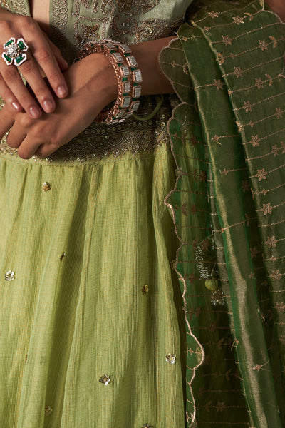 GREEN BROCADE BLOUSE & MINT TISSUE EMBROIDERED KOTI WITH MINT GREEN EMBROIDERED KOTA TISSUE LEHENGA PAIRED WITH GREEN ORGANZA TISSUE DUPATTA (4 PCS)