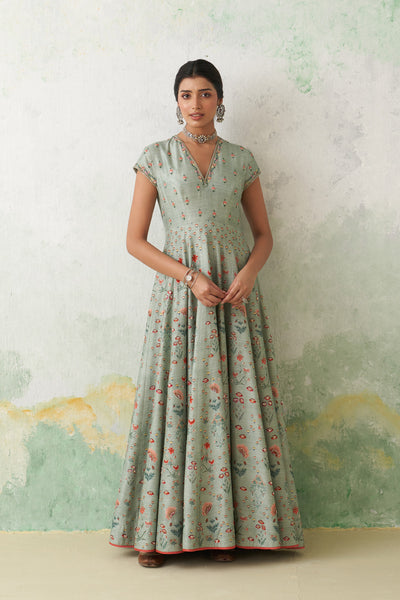 AQUA DUPION PRINTED & EMB. ANARKALI SET (2 PCS)