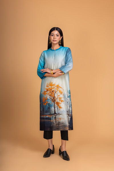 BLUE SILK CHANDERI DAWN PRINTED SHIRT (1 PC)