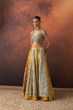 YELLOW & AQUA DUPION EMB. LEHENGA SET(KA-01B) (4 PCS)