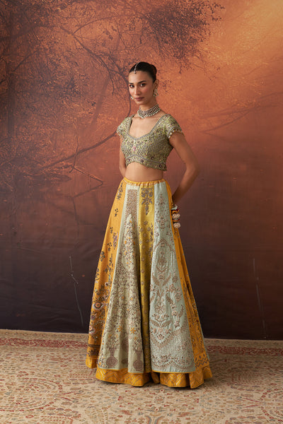 YELLOW & AQUA DUPION EMB. LEHENGA SET(KA-01B) (4 PCS)