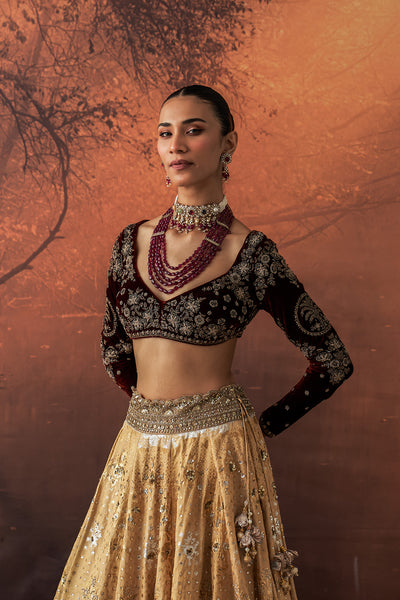 GOLD SILK TISSUE PRINTED & EMB. LEHENGA SET (EVO-07) (4 PCS)