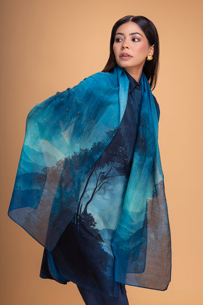DARK BLUE CHANDERI PRINTED STOLE (1 PC)