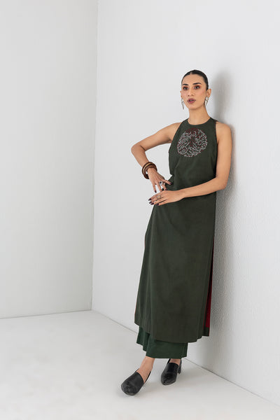 MOSS GREEN MELANGE DRESS PAIRED WITH MOSS GREEN PANTS (2 PCS)