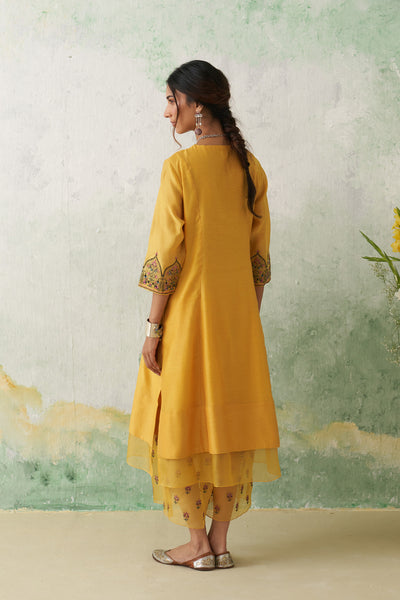SUNFLOWER YELLOW CHANDERI MULTICOLOR KASHMIRI EMB. KURTA SET (2 PCS)