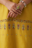 LIME GREEN THIN CHANDERI MULTICOLOUR KASHMIRI EMB. BACK SLIT KURTA SET (3 PCS)