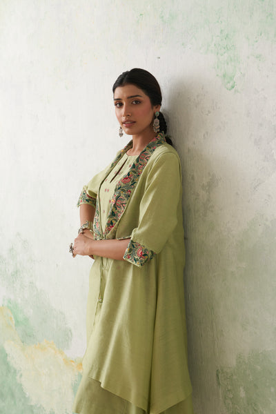MINT GREEN CHANDERI KASHMIRI EMB. CAPE & DRESS SET (3 PCS)