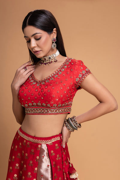 RED BROCADE LEHENGA SET (3 PCS)