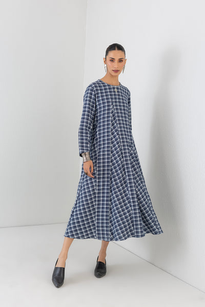 BLUE CHEQUERED WOOLEN GODET PANELS DRESS (1 PC)