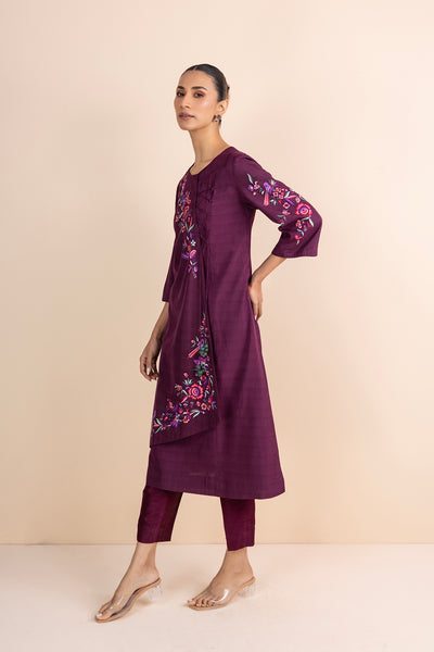 WINE STRIPE PRINTED & EMBROIDERED ANGRAKHA KURTA SET (2 PCS)