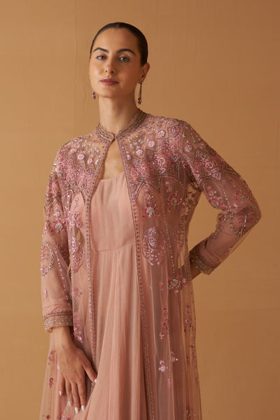 OLD ROSE NET EMBROIDERED JACKET AND OLD ROSE CHIIFON ANARKALI (TL-89B)