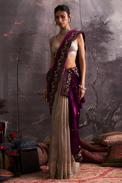 BROWN CRUSH ORGANZA TISSUE EMBROIDERED SAREE WITH SILVER TISSUE UNSTITCHED BLOUSE PIECE WITH PURPLE VELVET EMBROIDERED DUSHALA (4 PCS)