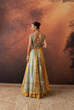 YELLOW & AQUA DUPION EMB. LEHENGA SET(KA-01B) (4 PCS)