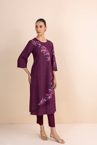 WINE STRIPE PRINTED & EMBROIDERED ANGRAKHA KURTA SET (2 PCS)