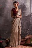 MAROON MUSHROO EMBROIDERED KOTI WITH BROWN CRUSH TISSUE ORGANZA EMBROIDERED TWO PIECE SAREE SET (5 PCS)