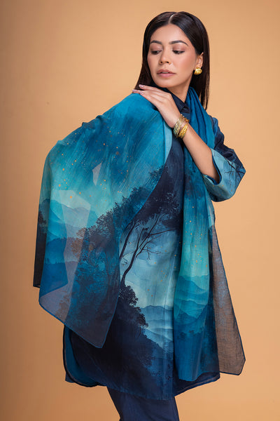DARK BLUE CHANDERI PRINTED STOLE (1 PC)