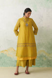 LIME GREEN THIN CHANDERI MULTICOLOUR KASHMIRI EMB. BACK SLIT KURTA SET (3 PCS)