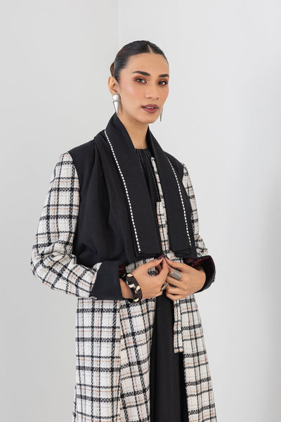 BLACK & WHITE CHEQUERED LONG WOOLEN TRENCH COAT (1 PC)