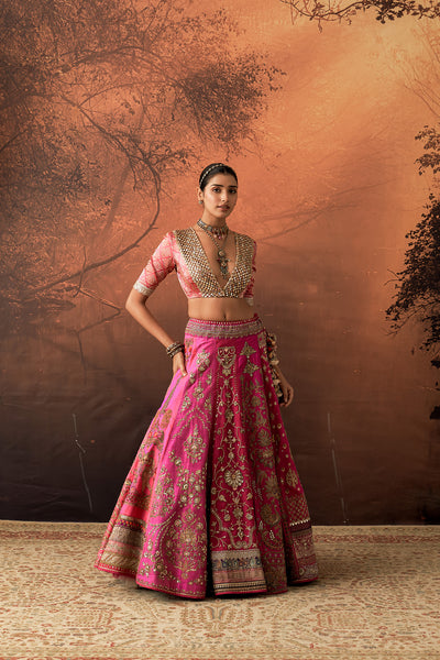 HOT PINK TISSUE MULTIKALI EMB. LEHENGA SET (EVO-09) (3 PCS)