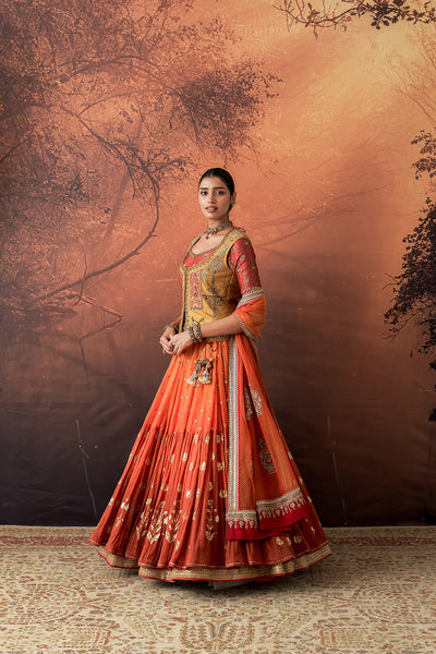 ORANGE & YELLOW TISSUE BROCADE EMB. LEHENGA SET (MH-01C) ( 5 PCS)