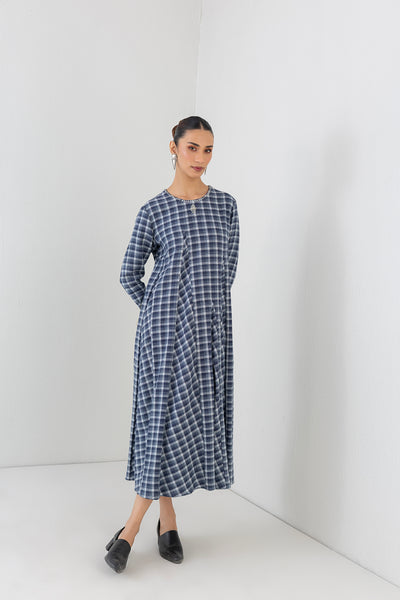 BLUE CHEQUERED WOOLEN GODET PANELS DRESS (1 PC)