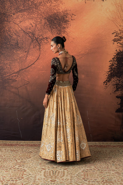 GOLD SILK TISSUE PRINTED & EMB. LEHENGA SET (EVO-07) (4 PCS)