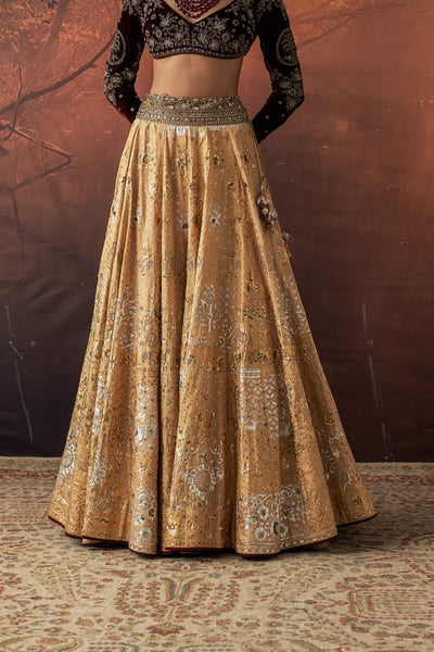 GOLD SILK TISSUE PRINTED & EMB. LEHENGA SET (EVO-07) (4 PCS)