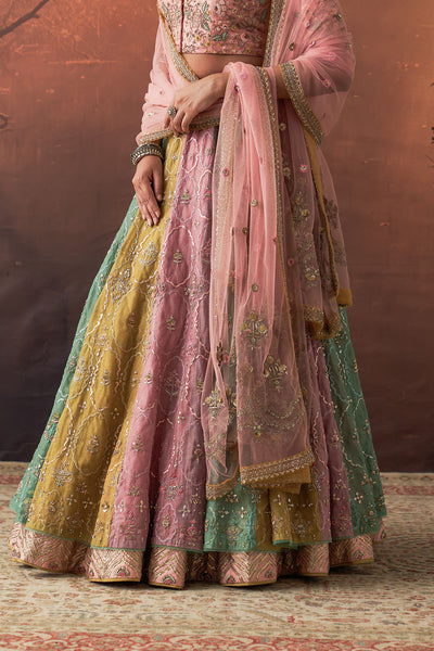 PINK & AQUA TISSUE EMB. LEHENGA SET(FB-05A) (4 PCS)