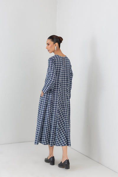 BLUE CHEQUERED WOOLEN GODET PANELS DRESS (1 PC)