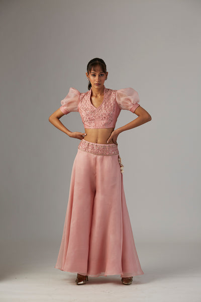 OLD ROSE EMB TOP WITH FLAIRED SILK ORGANZA PANTS ( TL-06A)