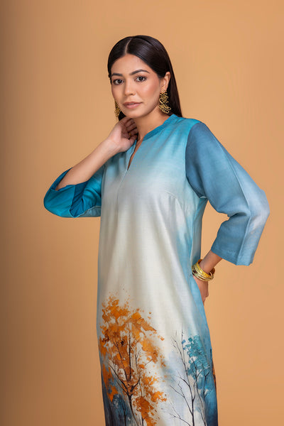 BLUE SILK CHANDERI DAWN PRINTED SHIRT (1 PC)