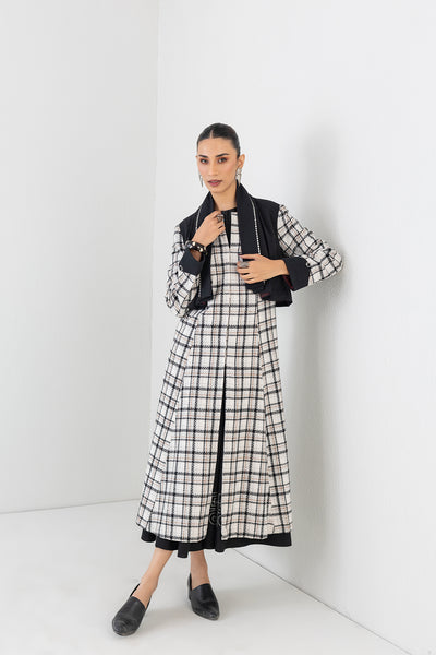 BLACK & WHITE CHEQUERED LONG WOOLEN TRENCH COAT (1 PC)