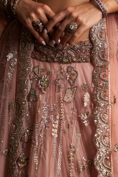 SALMON PINK EMBROIDERED DOUBLE LAYER LEHNGA PAIRED WITH SCALLOP EMBROIDERED VEIL AND DUPATTA  ( WD-06/LEH, WD-06A/BLS, WD-06B/DUP)