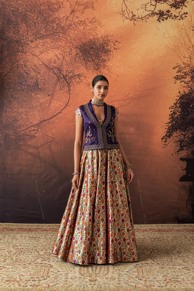 MULTICOLOUR KIMKHWA BORCADE EMB. LEHENGA SET(EVO-05) (5 PCS)