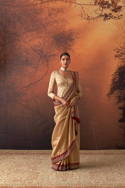 GOLD TISSUE SAREE WITH RED BORDER & UNSTITCHED BLOUSE (2 PCS)