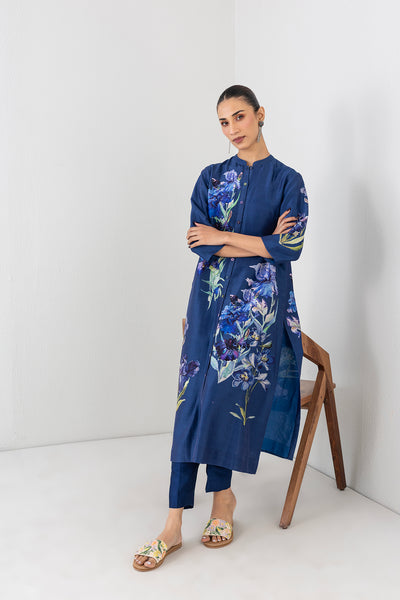 MIDNIGHT INDIGO SILK CHANDERI FLORAL PRINTED TUNIC (1 PC)