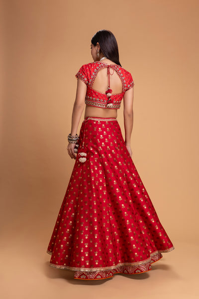 RED BROCADE LEHENGA SET (3 PCS)