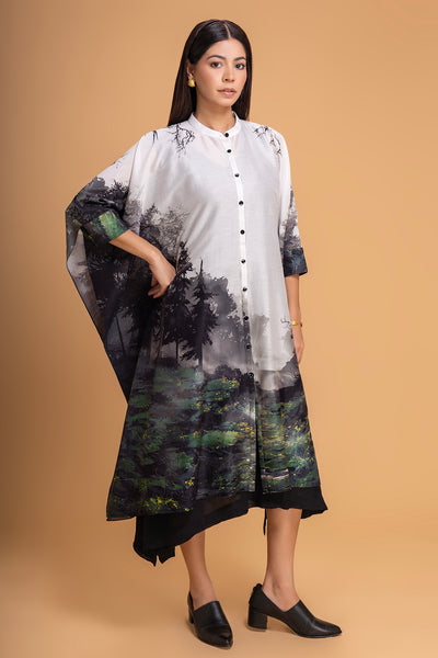 BLACK & WHITE CHANDERI PRINTED KAFTAAN (1 PC)