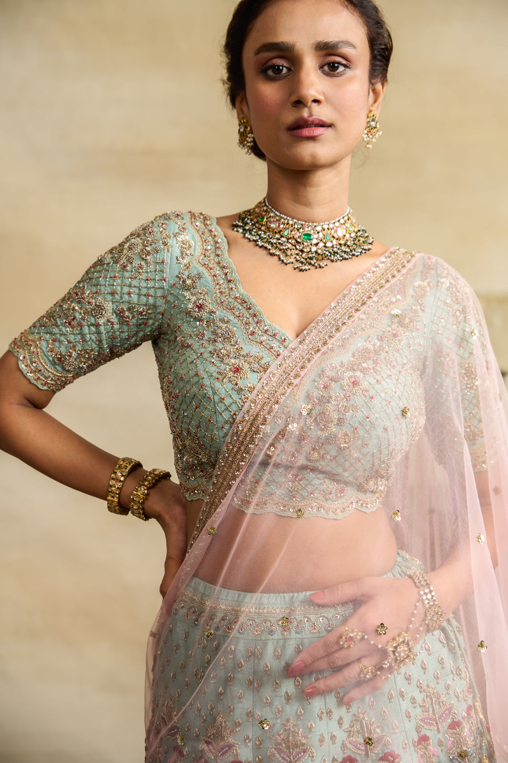 AQUA BLUE HEAVY EMBROIDERED BLOUSE ( FB-37 ) – Anju Modi