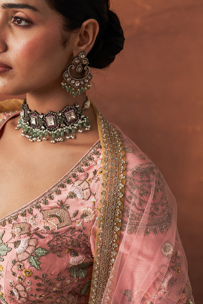 PINK & AQUA TISSUE EMB. LEHENGA SET(FB-05A) (4 PCS)