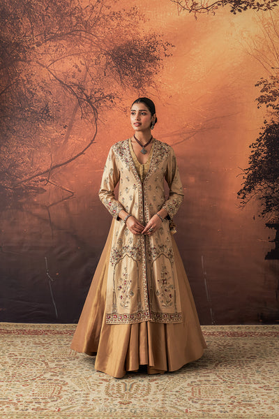 GOLD SILK TISSUE HEAVY EMB. LONG JACKET SET (3 PCS)