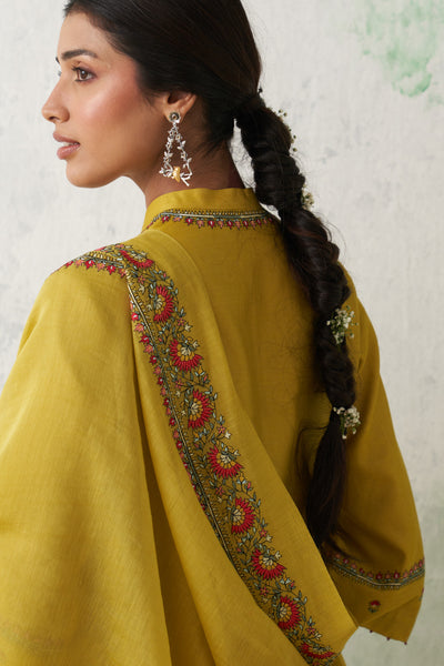 LIME GREEN CHANDERI EMB. KASHMIRA KURTA SET (3 PCS)