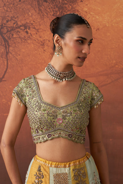 YELLOW & AQUA DUPION EMB. LEHENGA SET(KA-01B) (4 PCS)